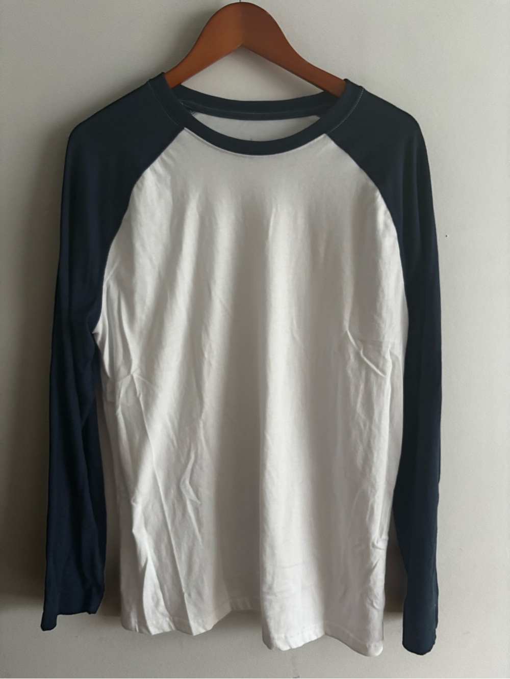 Men's White and Navy Long-Sleeve Raglan Shirt